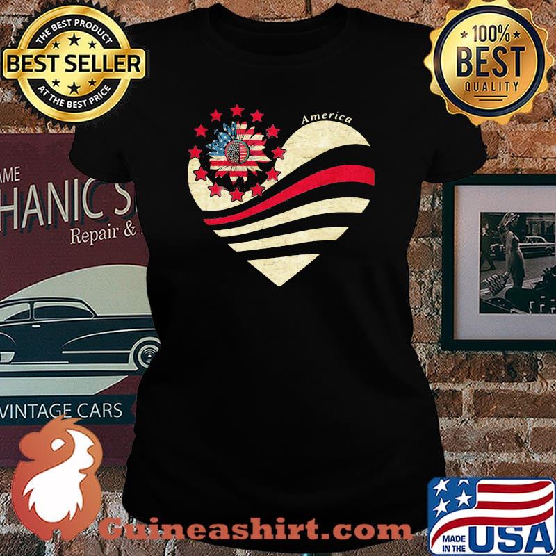 Sunflower Heart American Flag Independence Day Shirt Laides tee