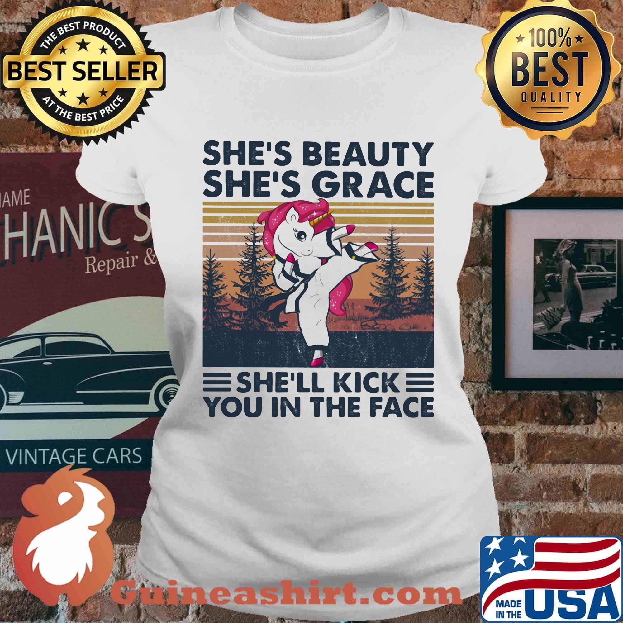 Unicorn she's beauty she's grace she'll kick you in the face vintage retro s Ladies tee