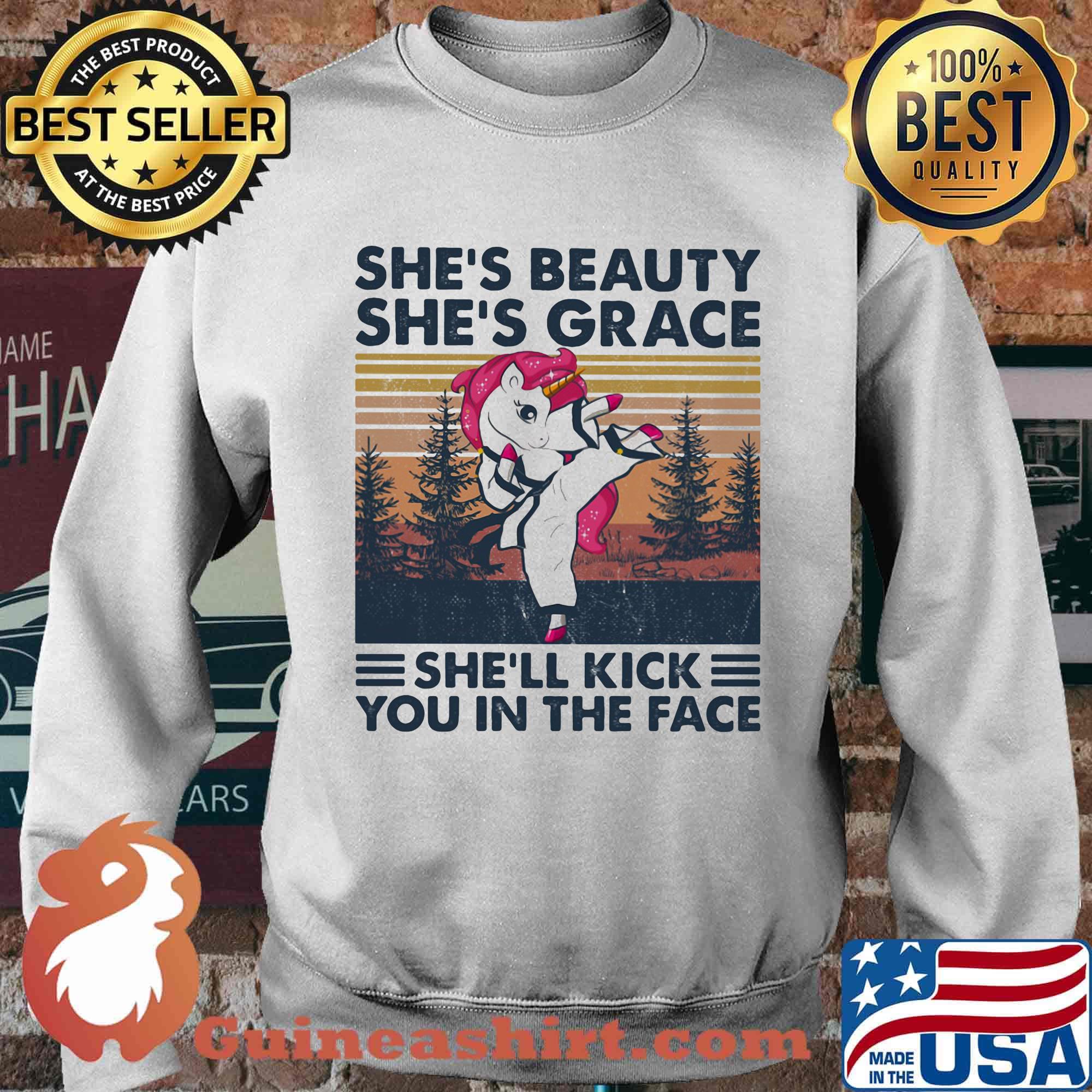 Unicorn she's beauty she's grace she'll kick you in the face vintage retro s Sweater