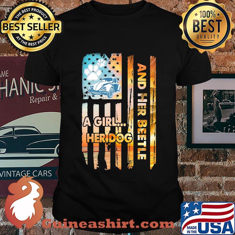 Car a girl her dog and her beetle american flag independence day shirt