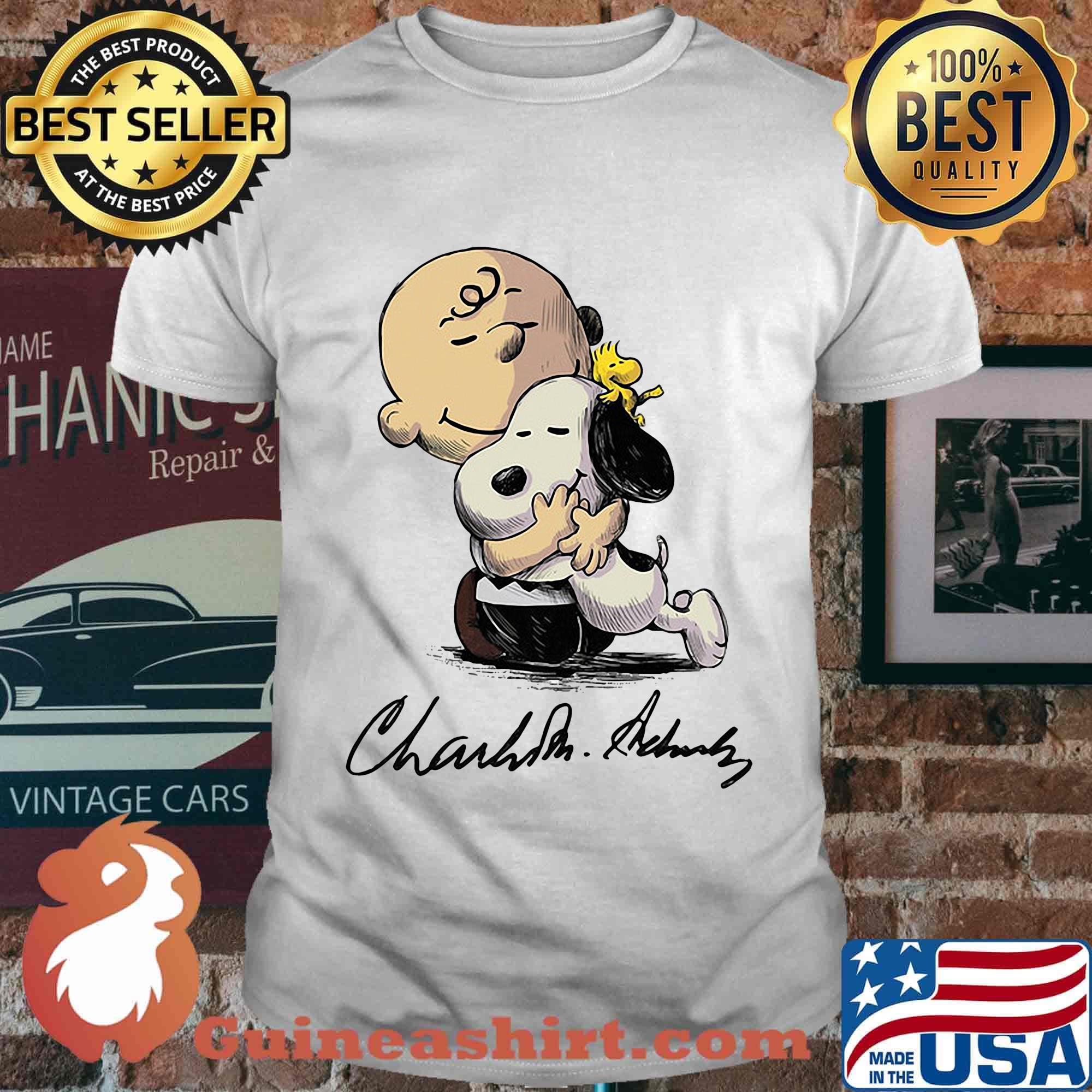Charlie brown snoopy and woodstock art signatures shirt