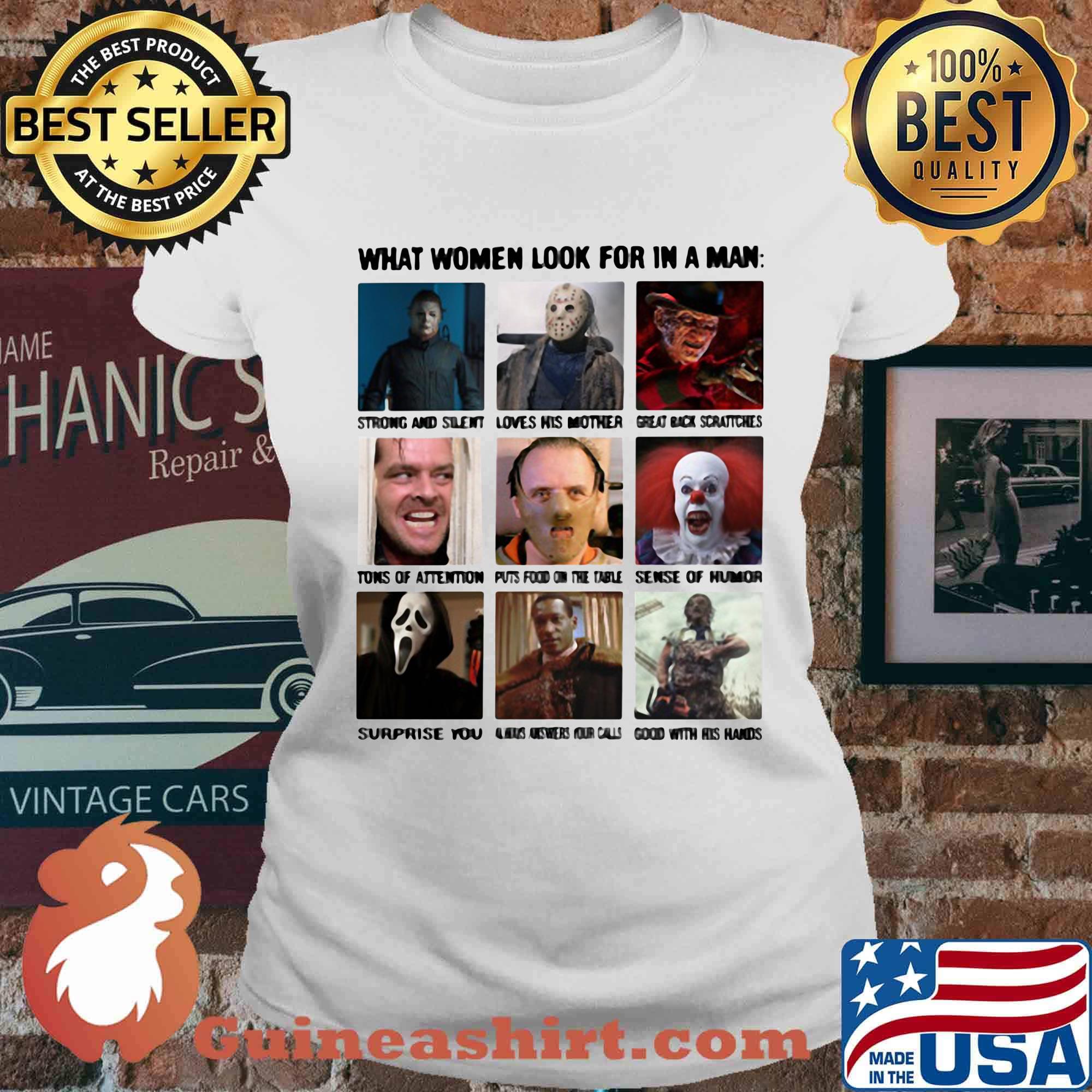Halloween horror characters what women look for in a man s Ladies tee
