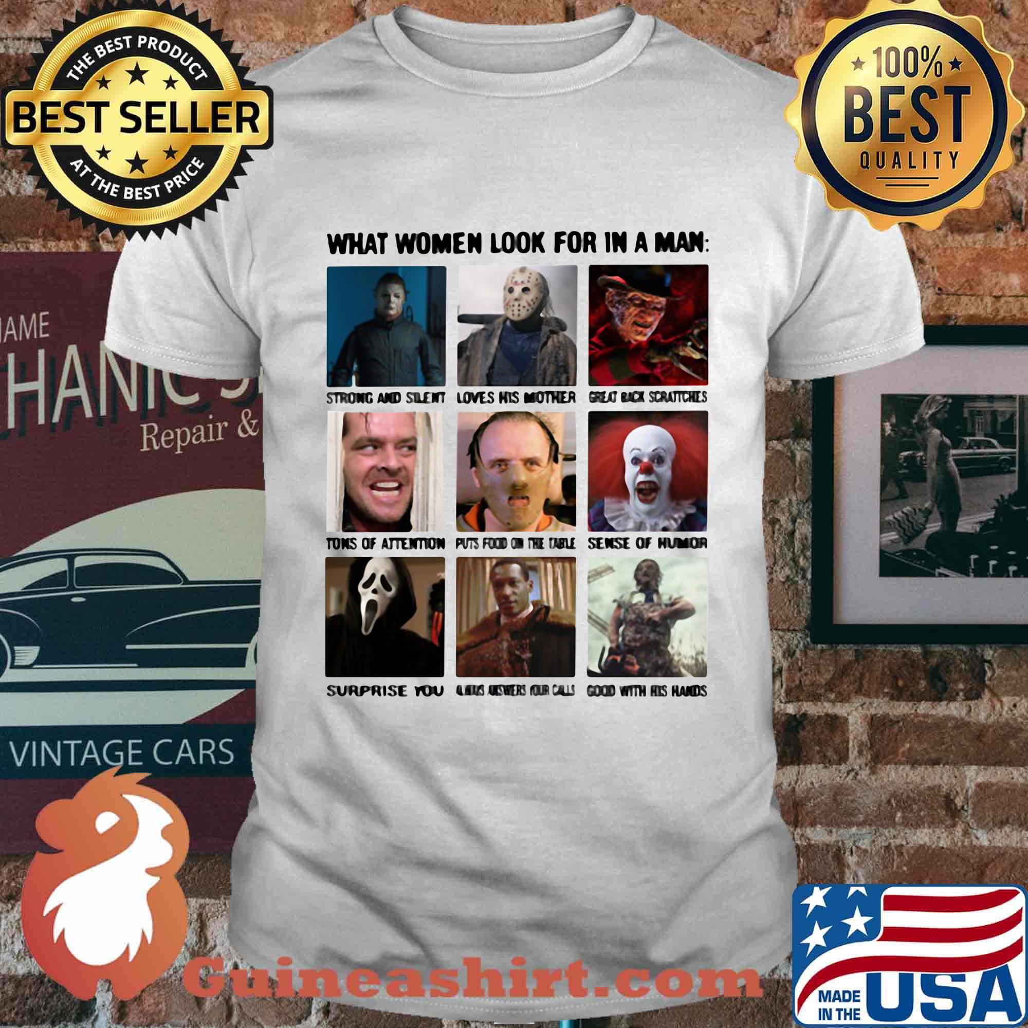 Halloween horror characters what women look for in a man shirt