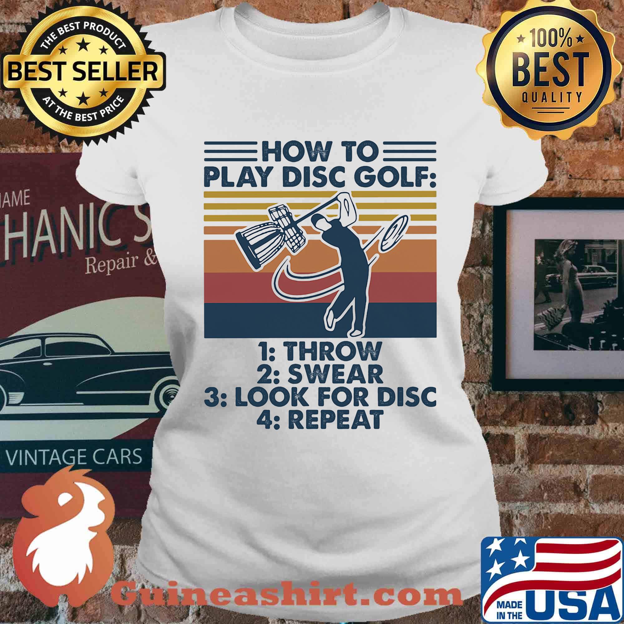 How to play disc golf throw swear look for disc repeat vintage retro white s Ladies tee