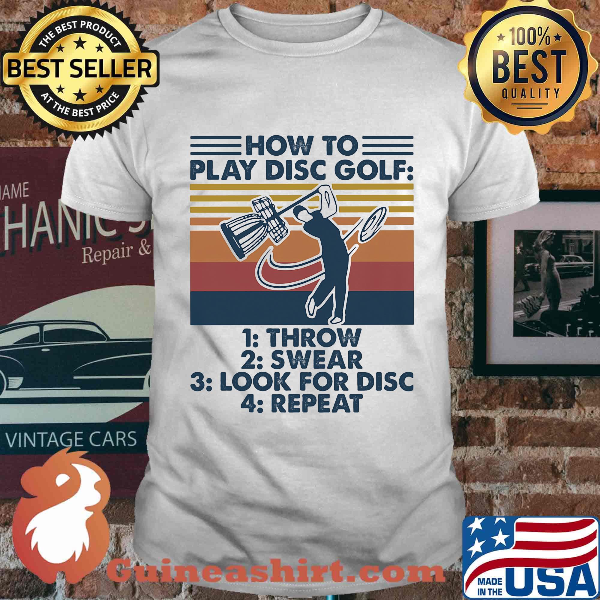 How to play disc golf throw swear look for disc repeat vintage retro white shirt