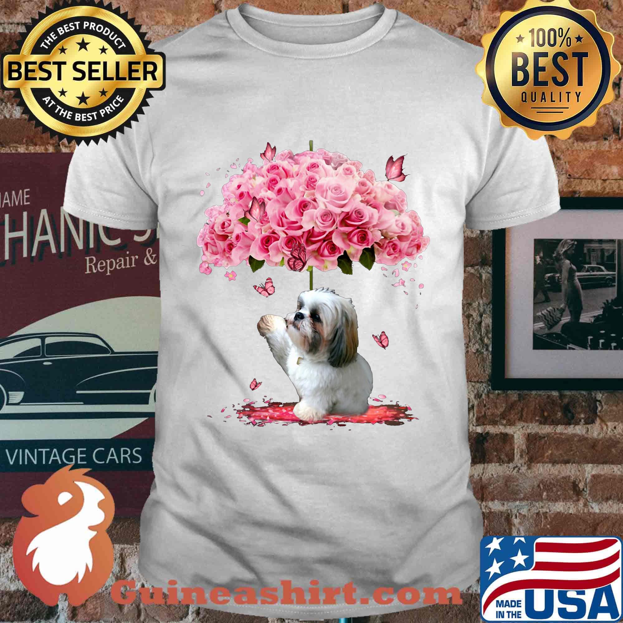 Shih Tzu roses flowers butterfly shirt