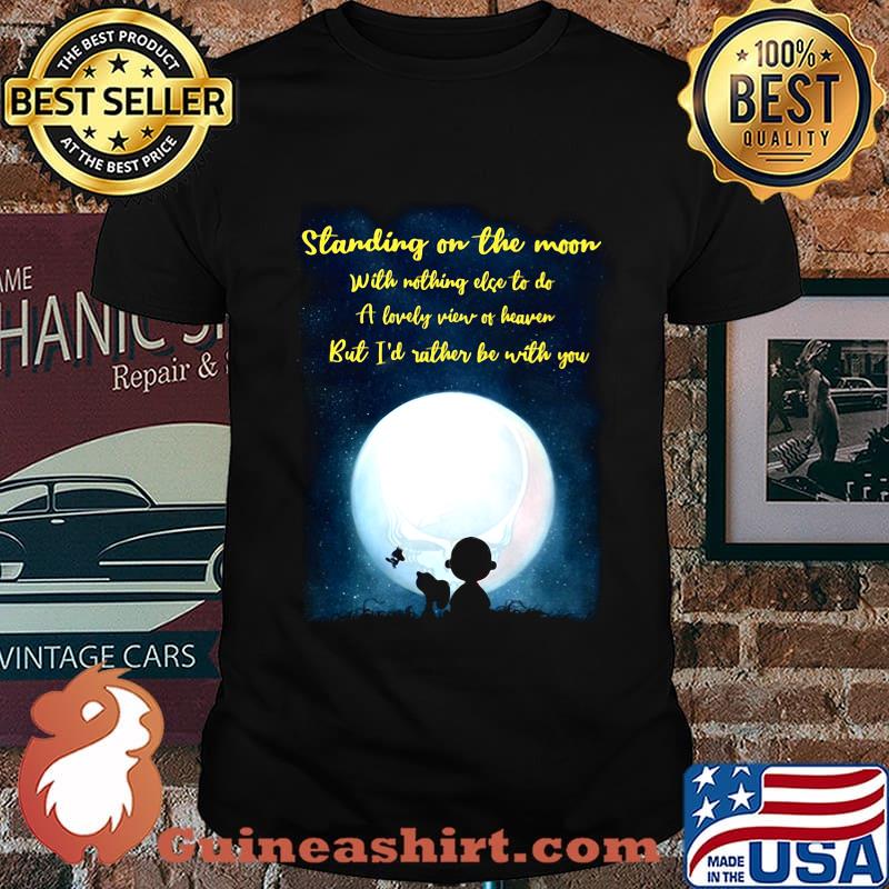 Snoopy charlie brown and woodstock standing on the moon with nothing else to do a lovely view of heaven shirt