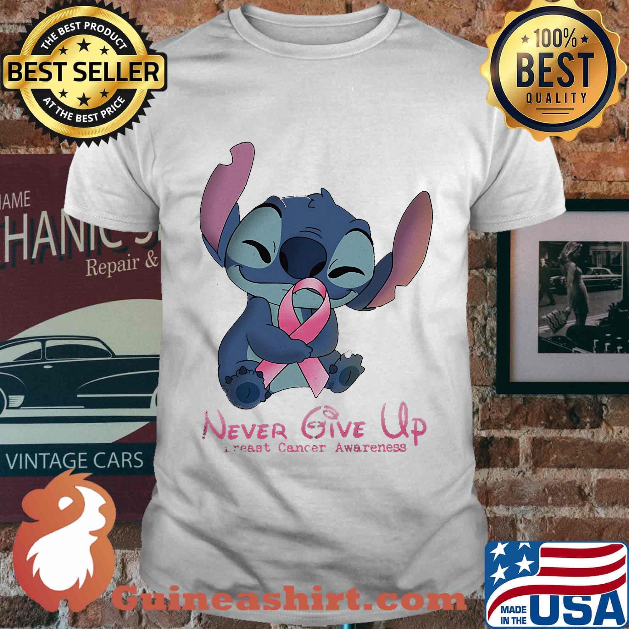 Stitch hug never give up breast cancer awareness shirt
