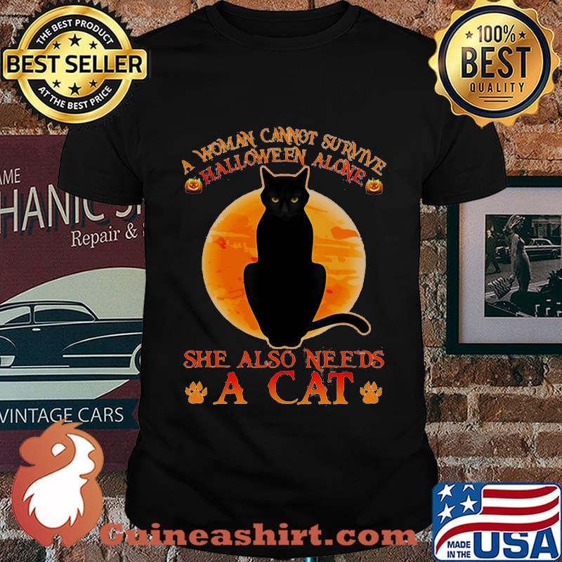 A woman cannot survive halloween alone she also needs a paw cat moon shirt