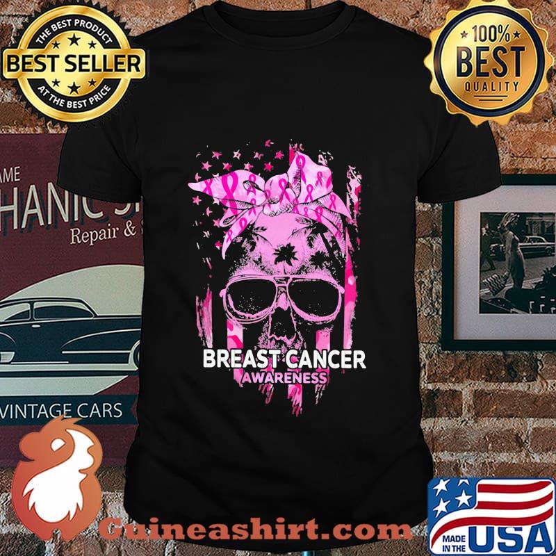 BREAST CANCER AWARENESS SKULL GIRL AMERICAN FLAG SHIRT