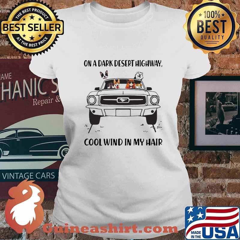 Girl and dogs driving car dinosaur on a dark desert highway cool wind in my hair s Ladies tee