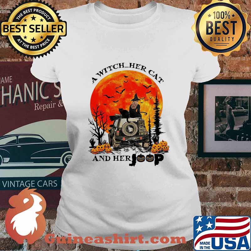 Halloween a witch her cat and her pumpkins sunset s Ladies tee