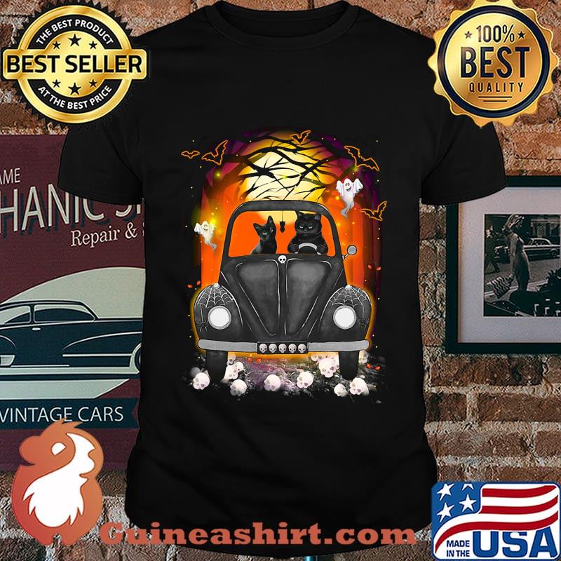 Halloween cats driving car skulls bat shirt