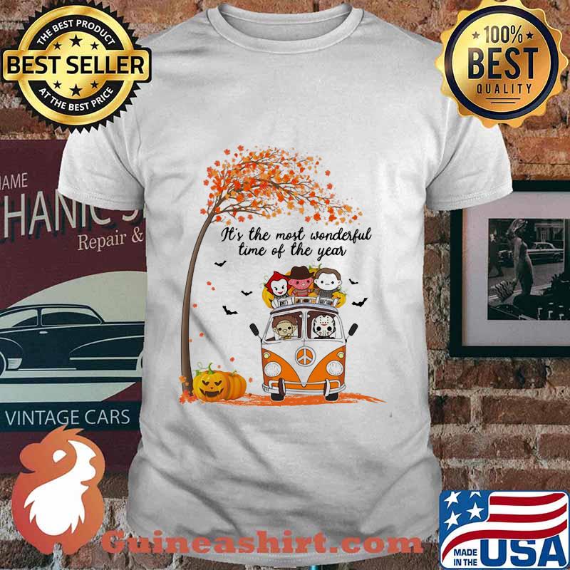 Halloween horror characters chibi riding peace bus it's the most wonderful time of the year maple leaves tree shirt