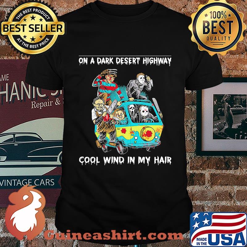 Halloween horror characters riding bus on a dark desert highway cool wind in my hair shirt