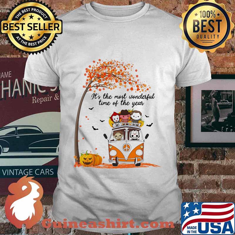 Halloween horror characters riding peace bus it's the most wonderful time of the year maple leaves tree shirt