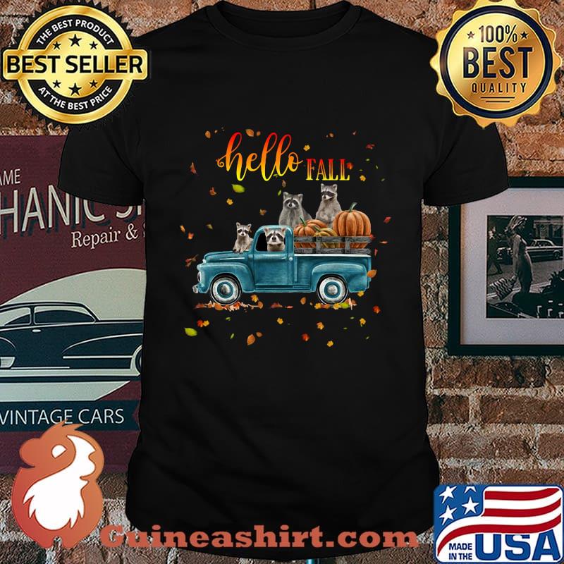 Halloween raccoon riding car hello fall pumpkin shirt