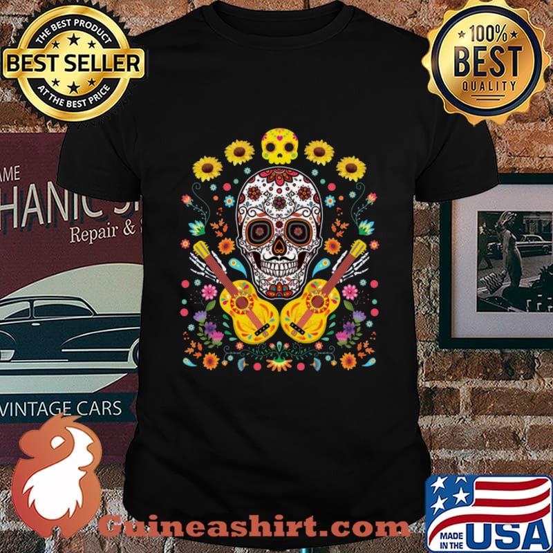 Halloween sugar skull guitar sunflowers shirt