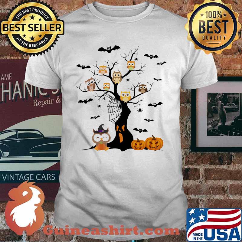 Halloween tree owls witch pumpkin shirt