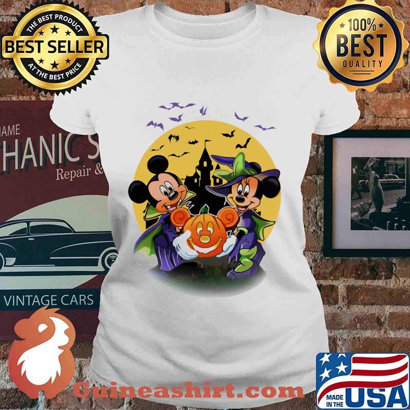 Happy halloween mickey mouse and minnie mouse witch pumpkin s Ladies tee