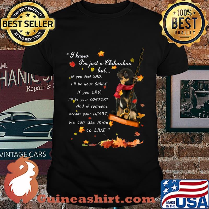 I know i'm just just a chihuahua but if you feel sad i'll be your smile if you cry i'll be your comfort and if someone breaks your heart we can use mine to live shirt