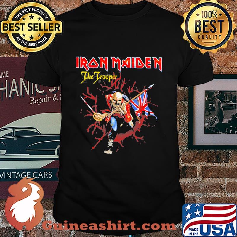 Iron maiden band the trooper skeleton holding british flag shirt