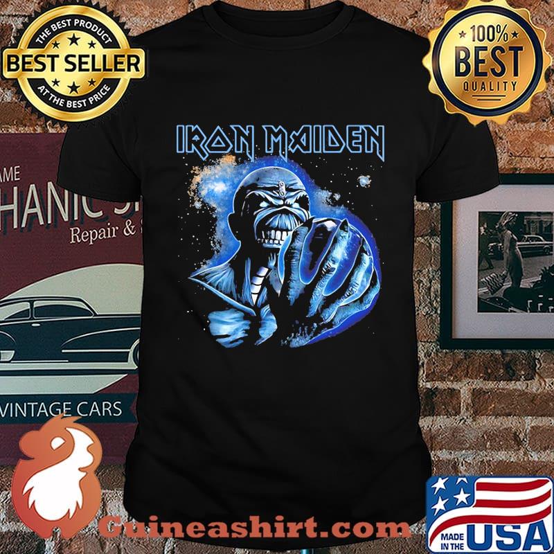 Iron maiden skeleton holding earth shirt