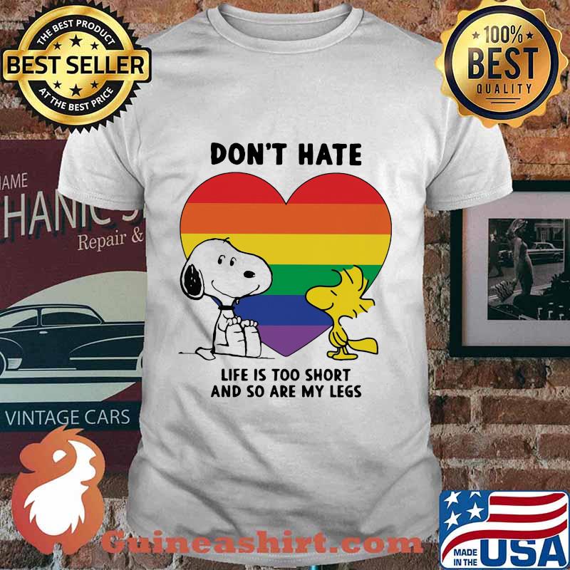 Lgbt snoopy and woodstock don't hate life is too short and so are my less heart shirt