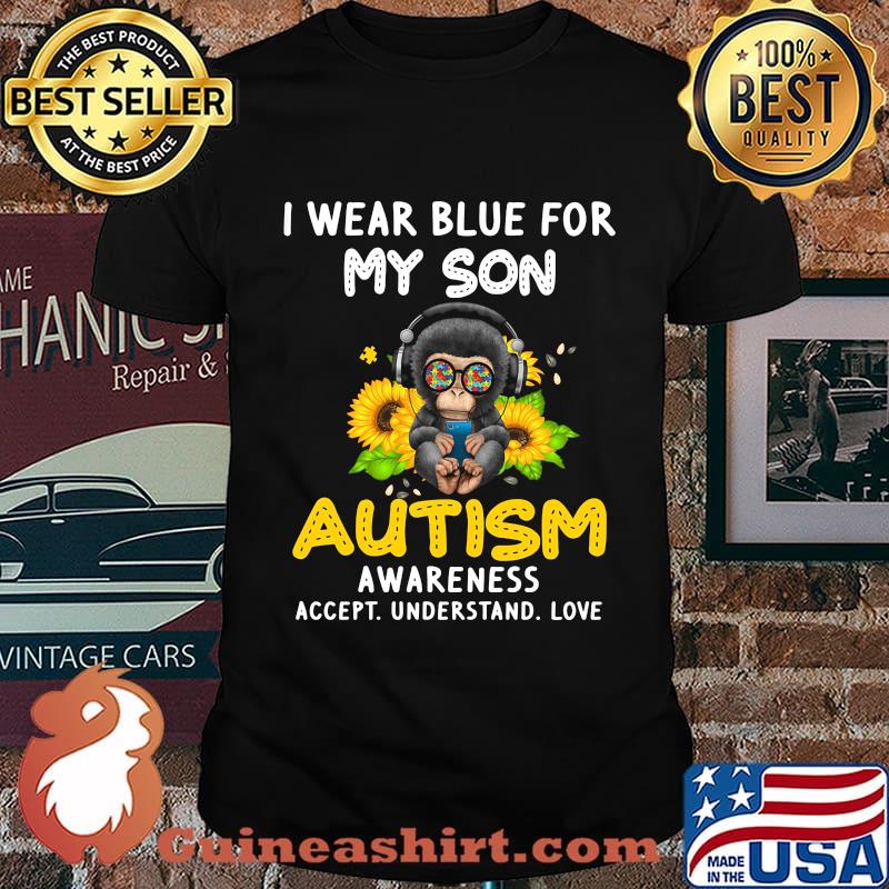 Monkey i wear blue for my son autism awareness accept understand love sunflower shirt