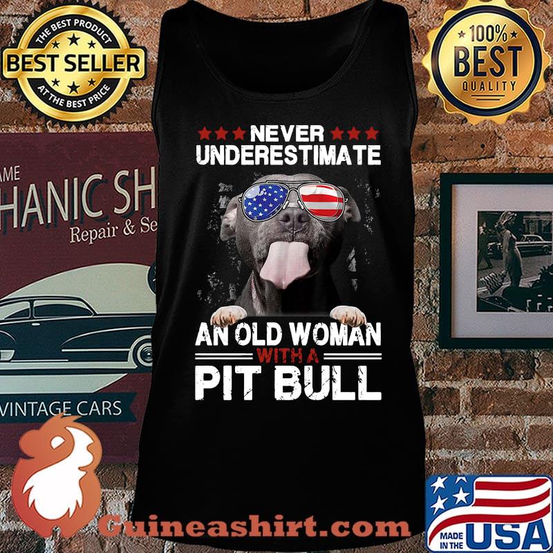 Never underestimate an old woman with a pitbull american flag independence day s Tank top