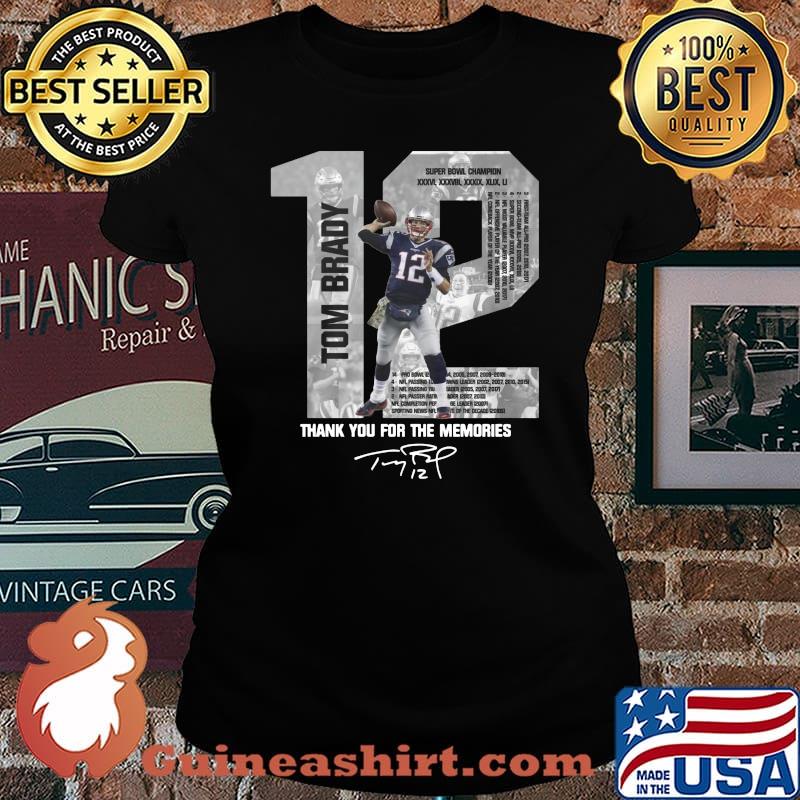 New england patriots 12 tom brady thank you for the memories signature s Laides tee