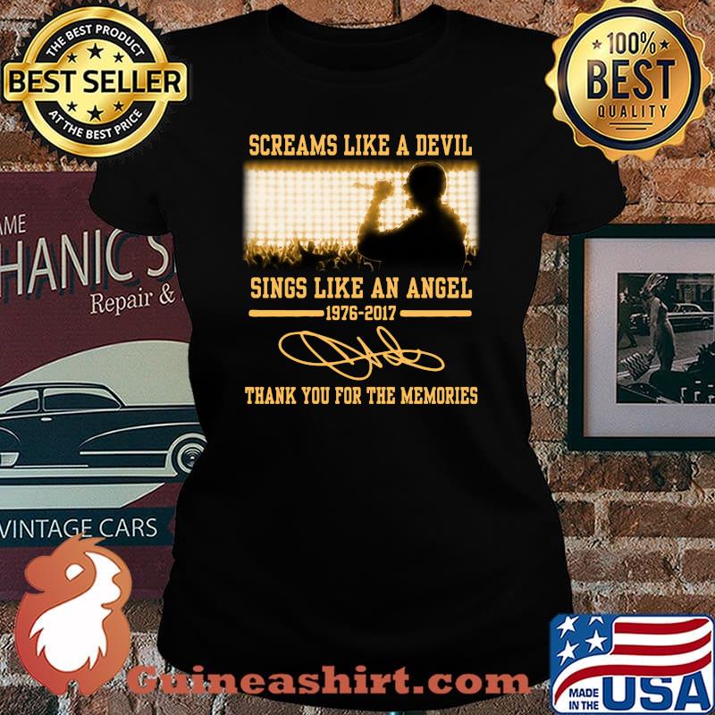 Screams like a devil sings like an angel 1976 2017 thank you for the memories signatures s Laides tee