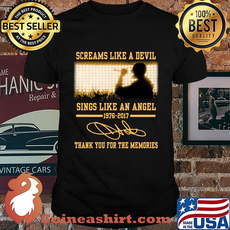 Screams like a devil sings like an angel 1976 2017 thank you for the memories signatures shirt