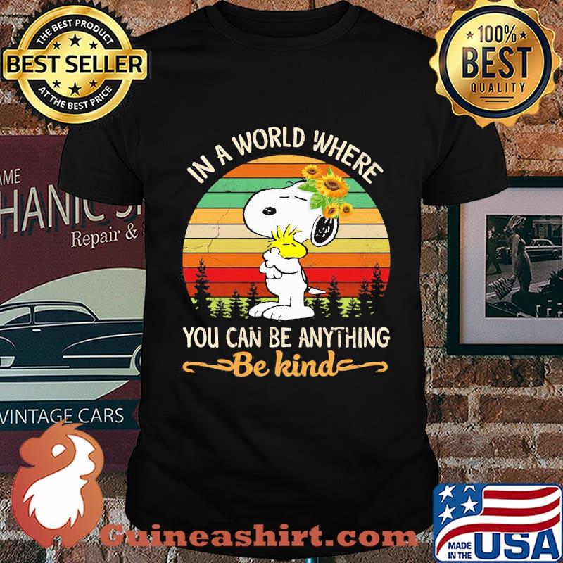 Snoopy and woodstock sunflower in a world where you can be anything be kind vintage retro shirt
