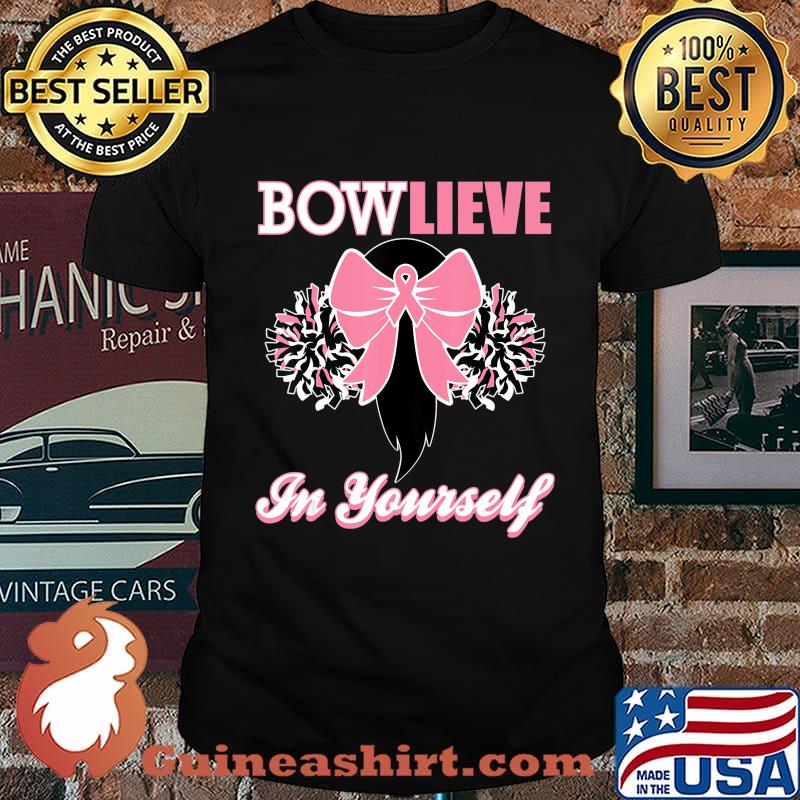 Cheerleader Breast Cancer Shirt Pink Bow Cheer T-shirt Gift T-Shirt