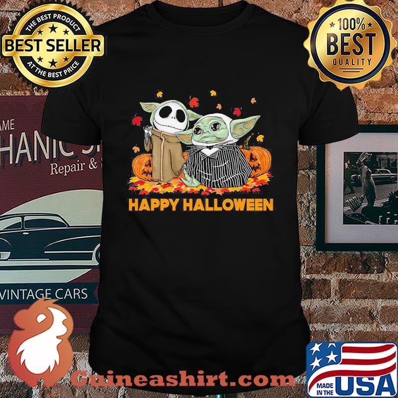 Jack skellington and baby yoda happy halloween leaves shirt