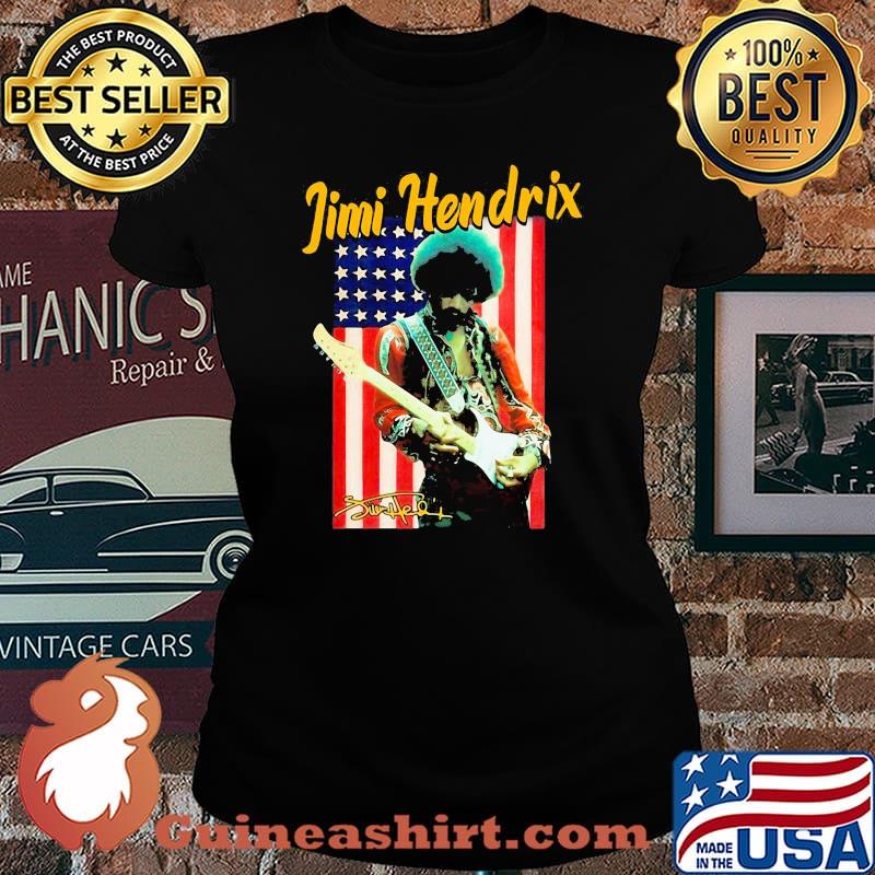 Jimi hendrix playing guitar signature american flag s Laides tee