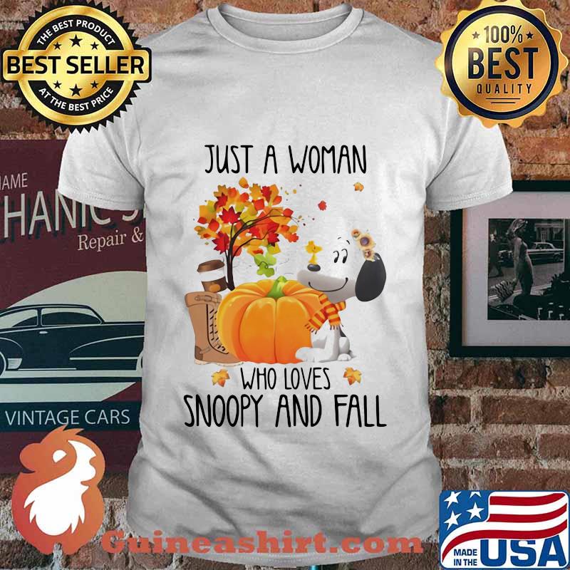 Just a woman who loves snoopy and fall pumpkin maple leaves shirt