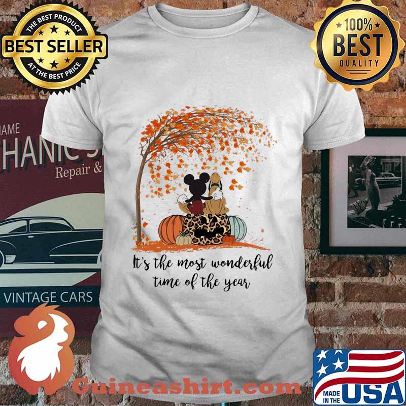 Mickey mouse and pluto it's the most wonderful time of the year leaves tree pumpkins leopard shirt