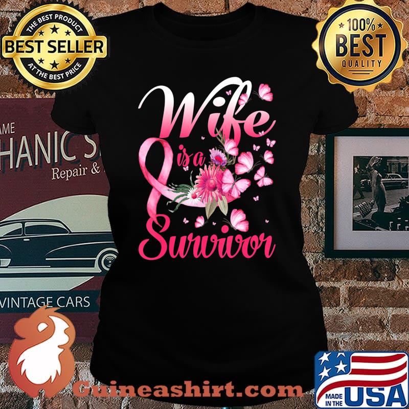 My Wife Is A Survivor Butterfly Breast Cancer Awareness T-Shirt Laides tee