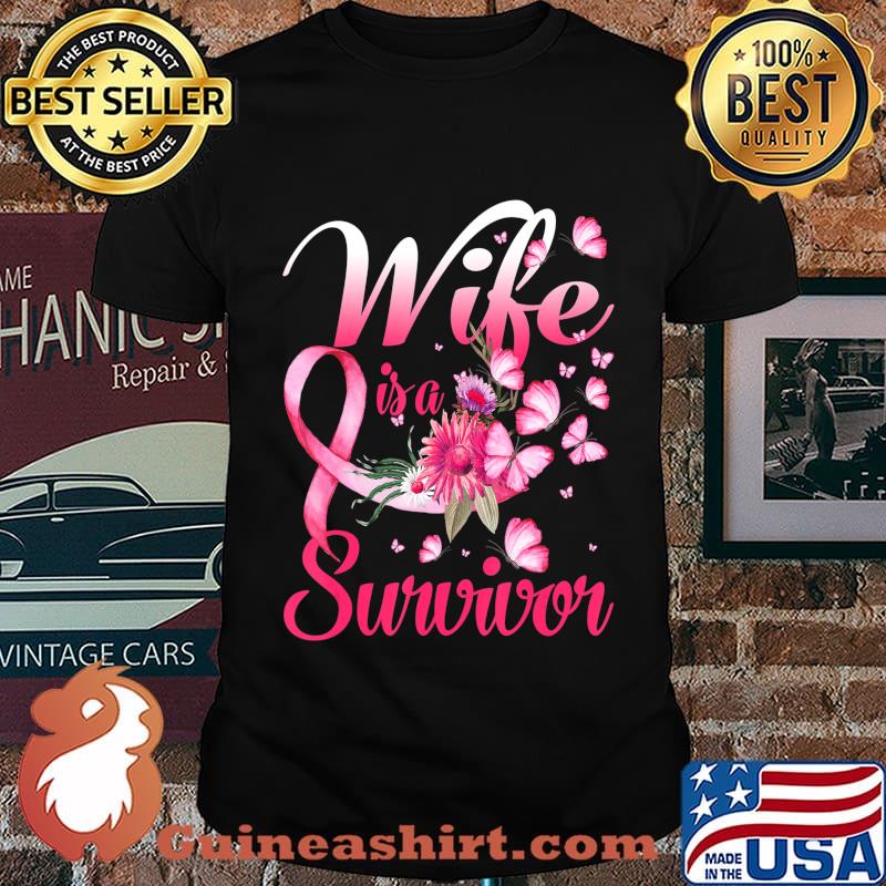 My Wife Is A Survivor Butterfly Breast Cancer Awareness T-Shirt