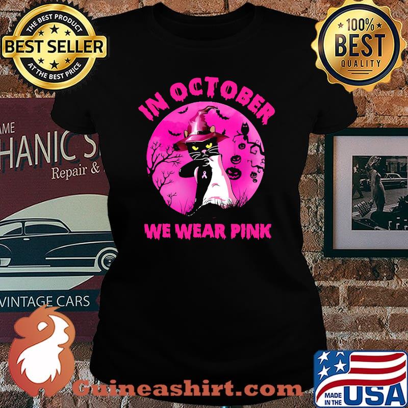 Official In October We Wear Pink Cat Moonlight Halloween Shirt Laides tee