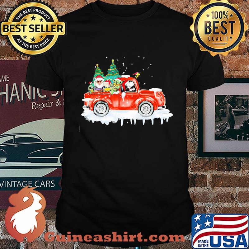 Snoopy bear and woodstock riding car vintage merry christmas lights shirt