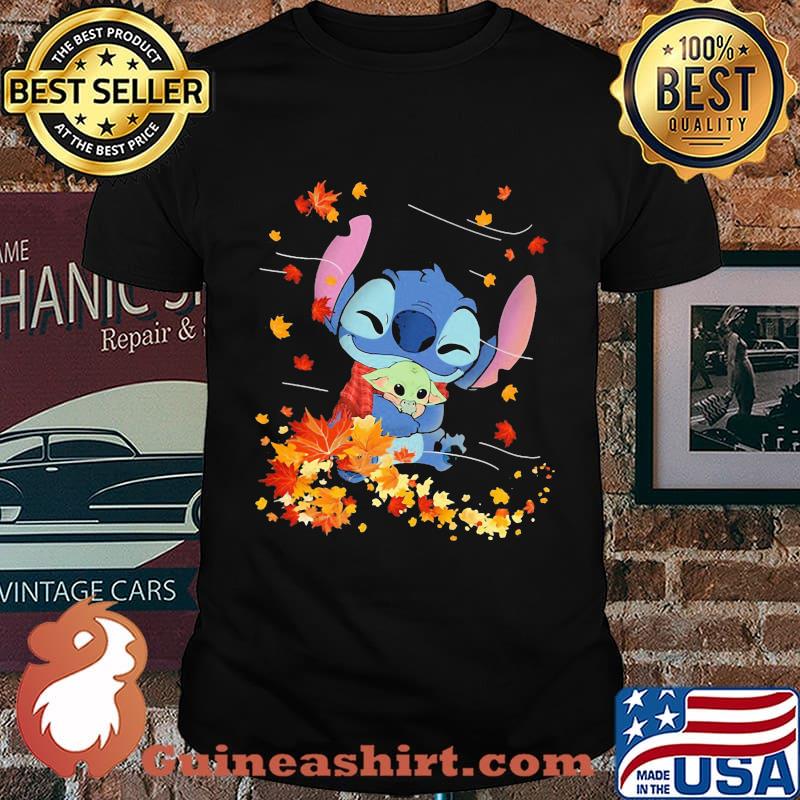 Stitch hug baby yoda leaves map fall shirt
