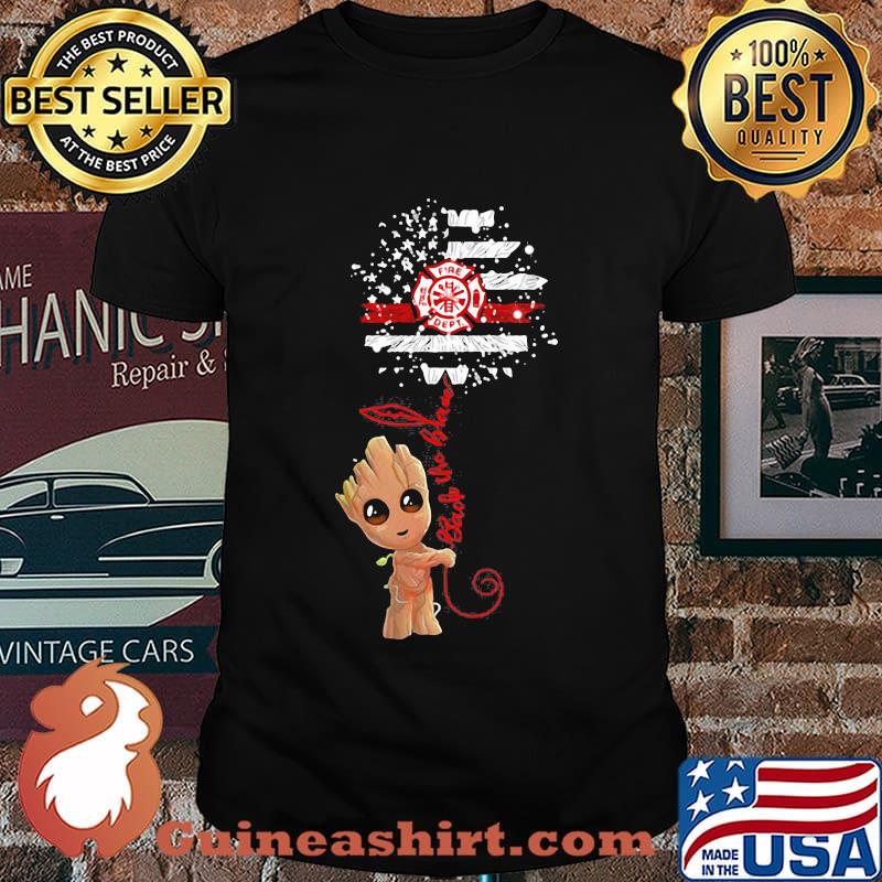 Baby groot holding back the red sunflower firefighters american flag shirt