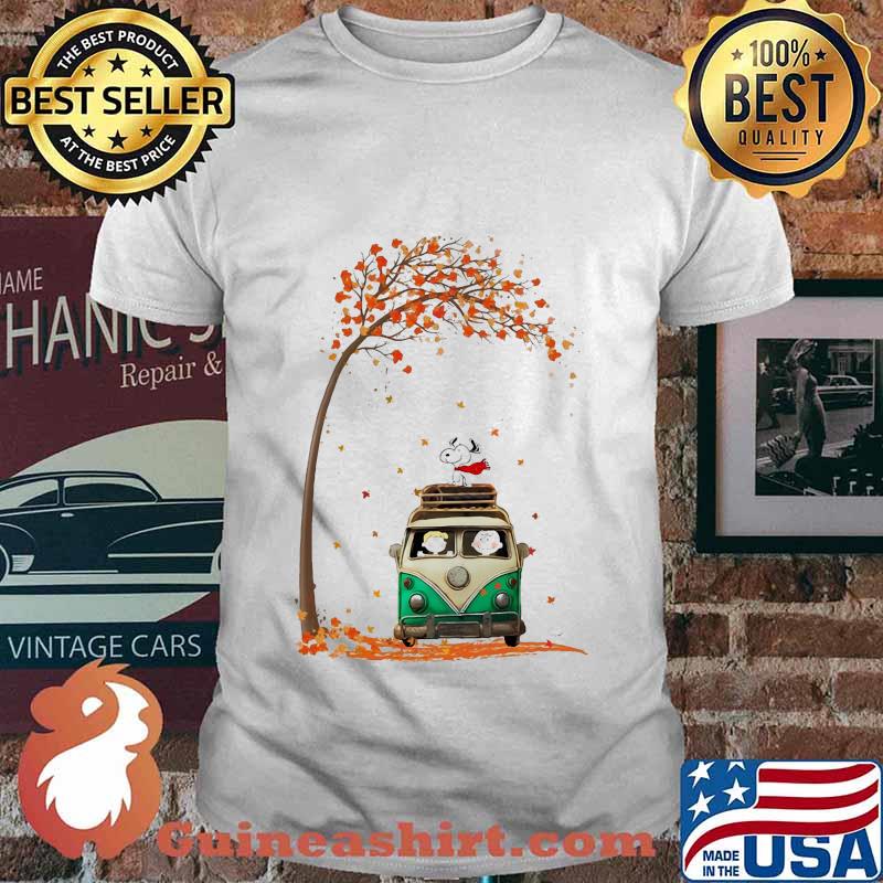 The peanuts and snoopy riding bus leaves maple tree fall shirt