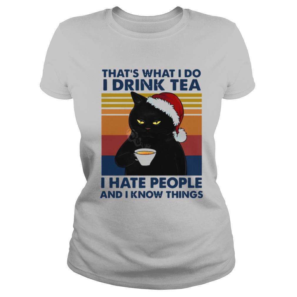 Black Cat Santa Thats What I Do I Drink Tea I Hate People And I Know Things Vintage shirt - Image 2