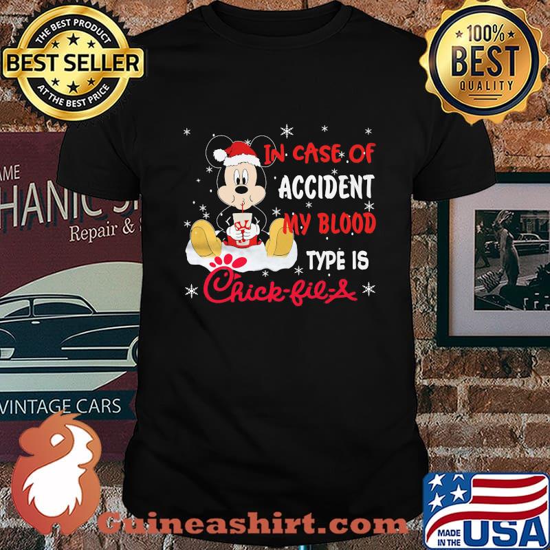 Mickey mouse in case of accident my blood type is chick-fil-a shirt