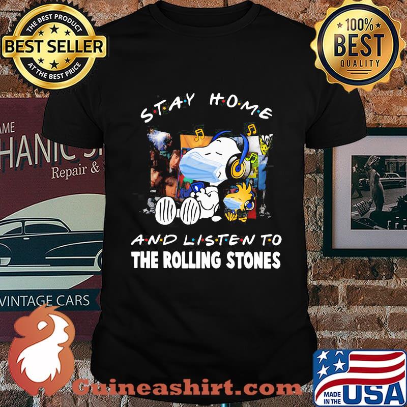 Snoopy and woodstock mask stay home and listen to the rolling stones shirt