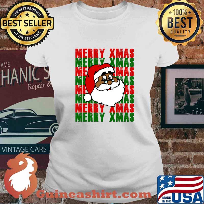 Black African American Santa Merry Xmas Shirt Ladies tee